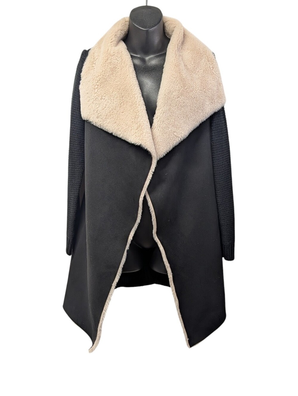 Twelfth Love Womens Black Knit Faux Suede /Fur Open Front Cardigan Collar Size M